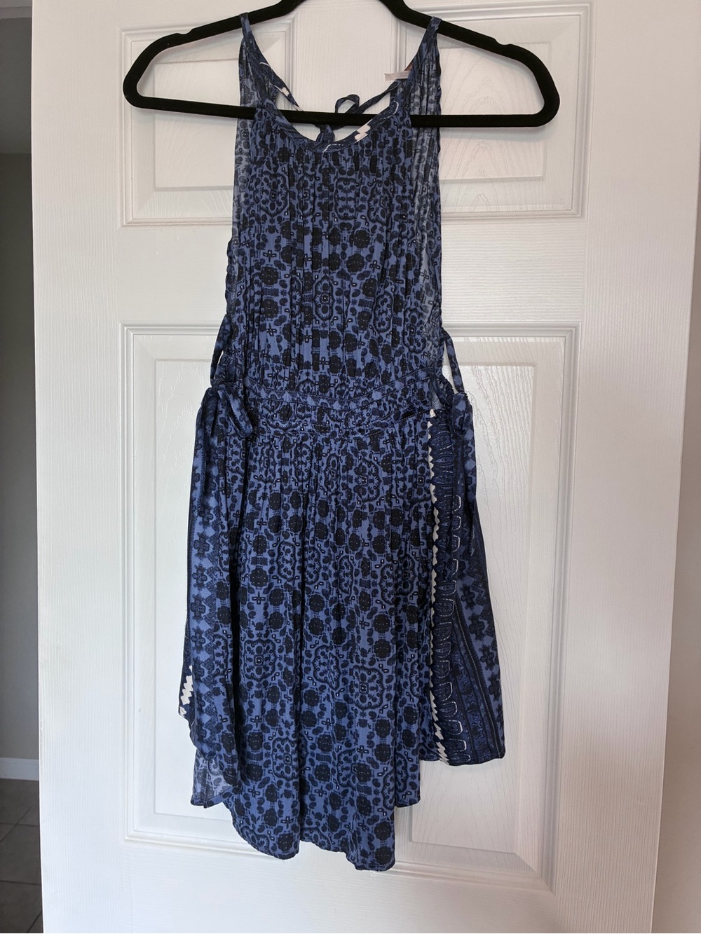 Free People Navy Blue Printed Tie-Back Mini Dress